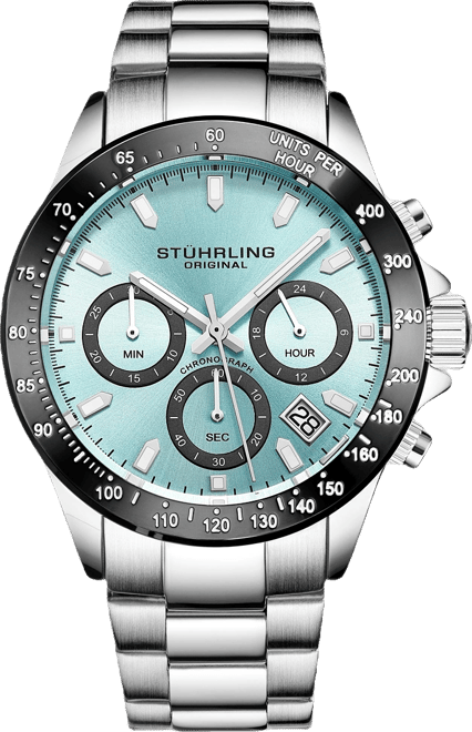 3960 Men's Chronograph Watch Quartz Japan VR32 Ice Blue Dial Black Tachymeter Bezel Silver Tone Case Stainless Steel Bracelet Date Window