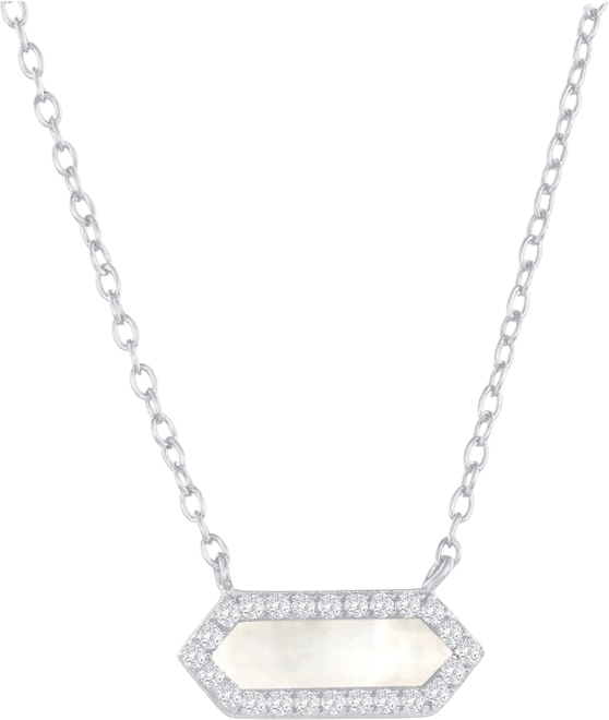 Sterling Silver, Hexagon Mop, Cz Border Necklace