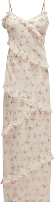 Women's Asymmetrical Ruffle Chiffon Bias Slip Maxi Dress