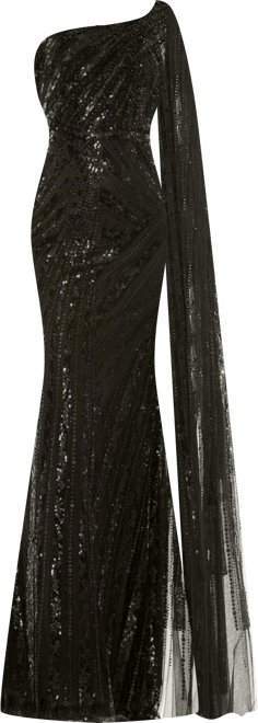 Women's One Shoulder Cape Sleeve Embellished Gown