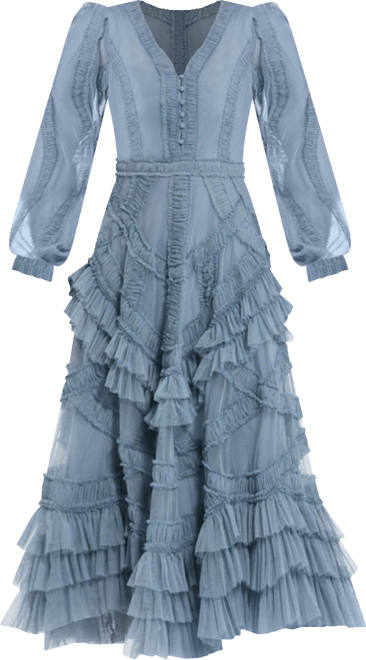 Women's Long Sleeve V Neck Mesh Micro Ruffle Midi Dress