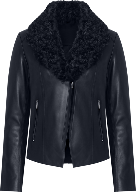 Women's Leather Jacket with Curly Lamb Collar