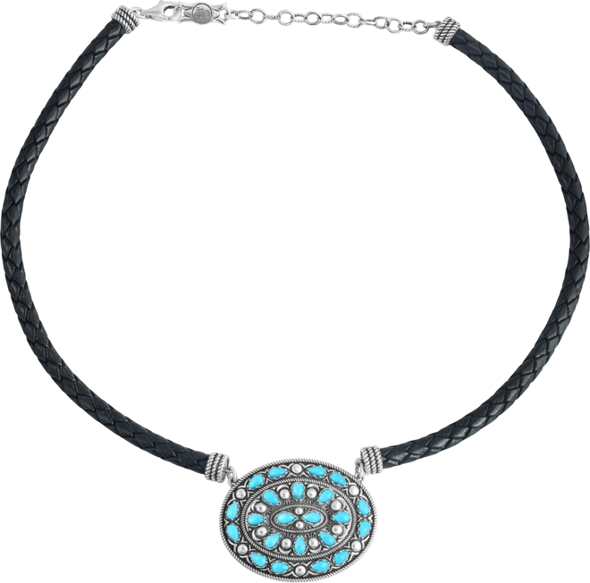 Sterling Silver Kingman Turquoise Oval Pendant Black Leather Necklace, 17 to 20 Inches