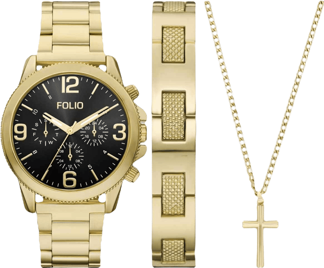 Men's Quartz Three-Hand Gold Alloy Watch Set, 43mm