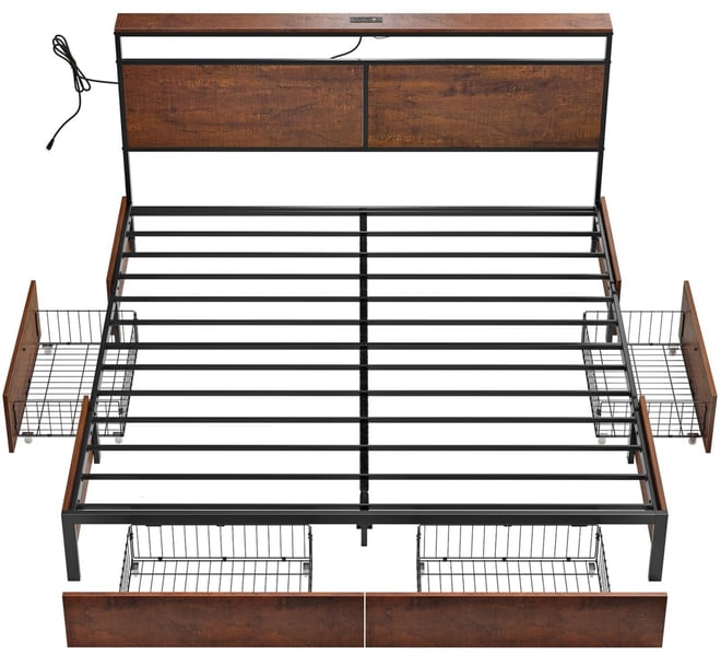 King Size Bed Frame with Led Storage Headboard & 4 Drawers & Charging Station Brown