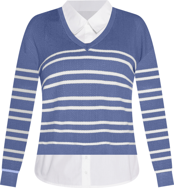 Women's Striped V-Neck Two-Fer Sweater
