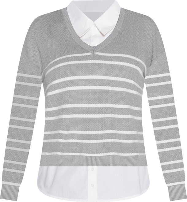 Women's Striped V-Neck Two-Fer Sweater