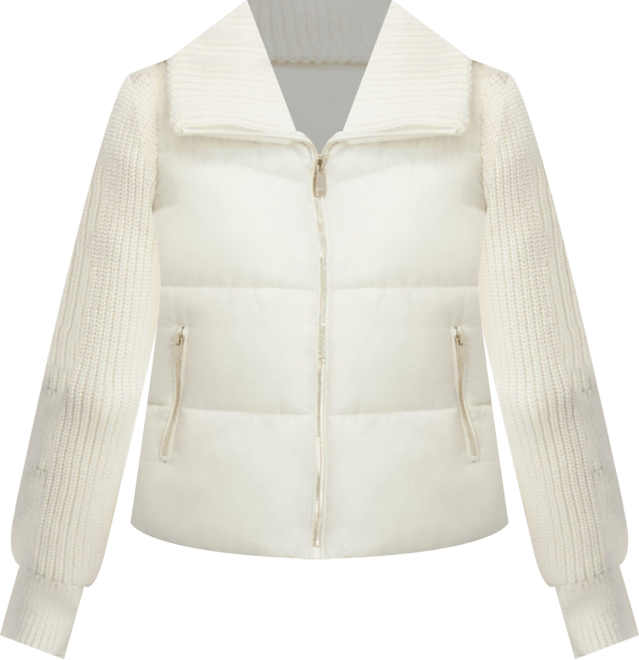 Women's Mixed Media Short Puffer with Knit Sleeves & Collar