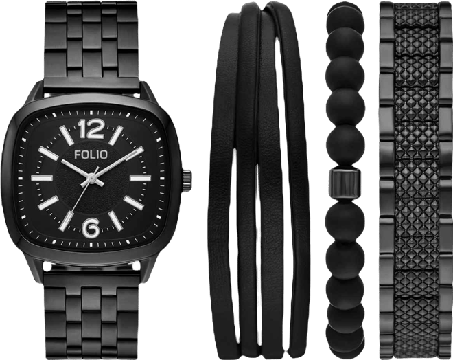 Men's Quartz Three-Hand Black Alloy Watch Set, 40mm