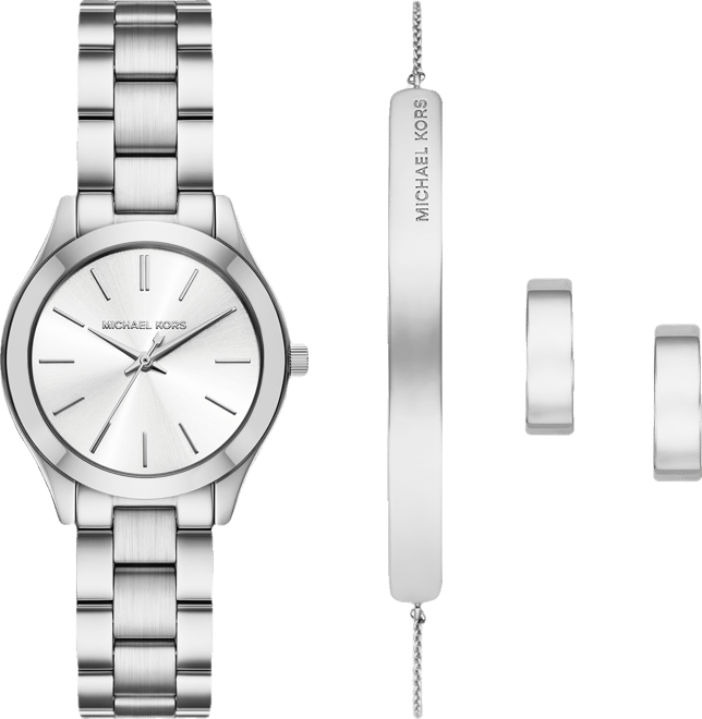 Women's&nbsp;Slim Runway Three-Hand Silver-Tone Stainless Steel Watch and Jewelry Set, 32mm