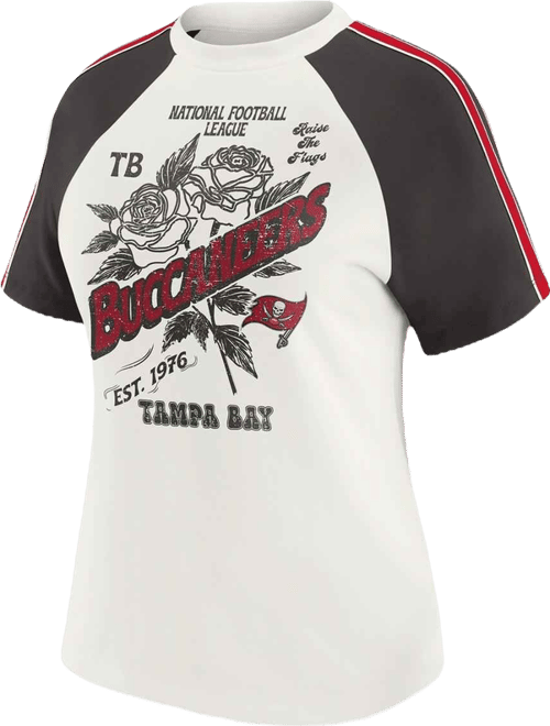 Women's White Tampa Bay Buccaneers Sleeve Stripe Distressed Raglan T-Shirt