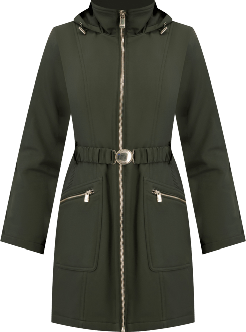 Women's Hooded, Metal Buckle Belted Softshell with Embossed Panels