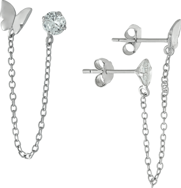 Cubic Zirconia Butterfly Double Piercing Chain Earrings in Sterling Silver
