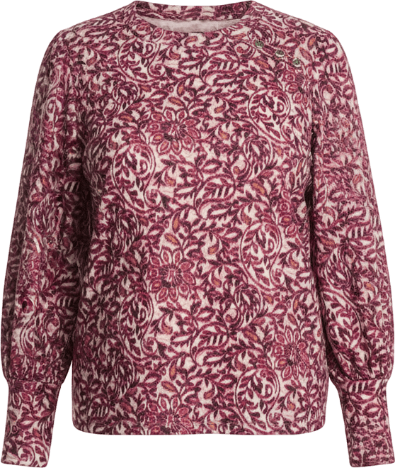 Plus Size Paisley Print Puff Long Sleeve Crew Neck Top