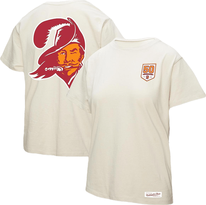 Women's Cream Tampa Bay Buccaneers 50th Season Pirate Oversized Boyfriend T-Shirt
