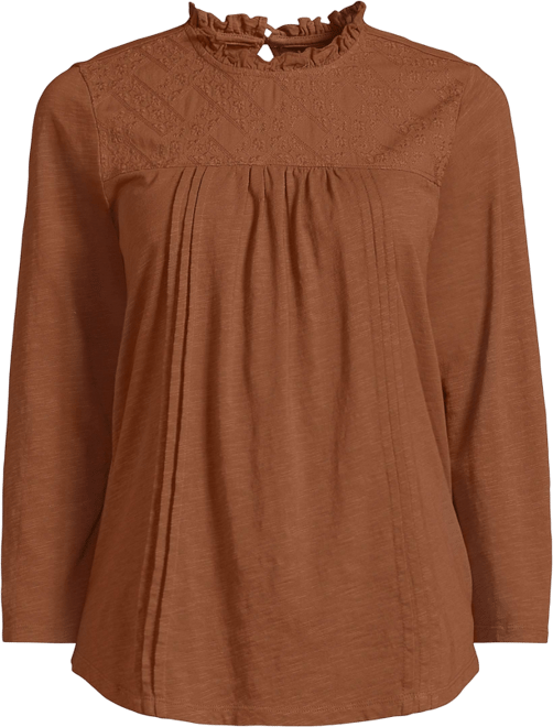 Women's Plus Size 3/4 Sleeve Cotton Slub Lace Trim Top