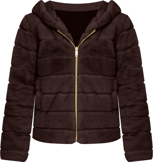 Women's Hooded Grooved Short Faux Fur Jacket