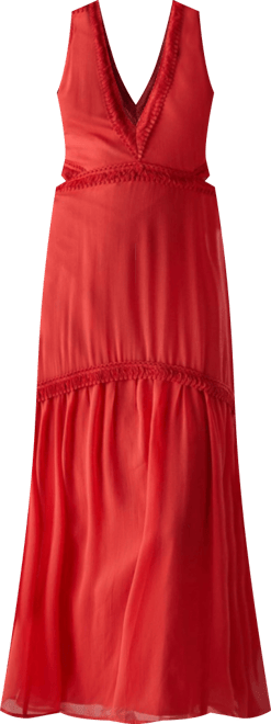 Women's Chiffon Fringe Trim Cut Out Maxi Dress