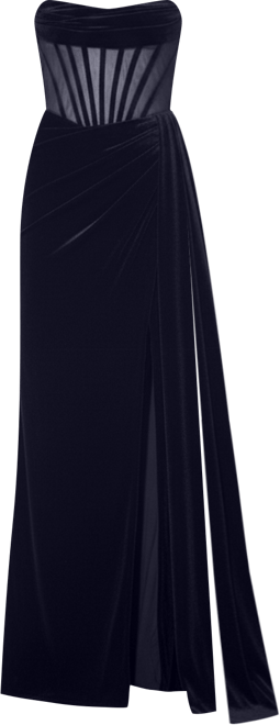 Women's Priya Black Draping Corset High Slit Velvet Gown