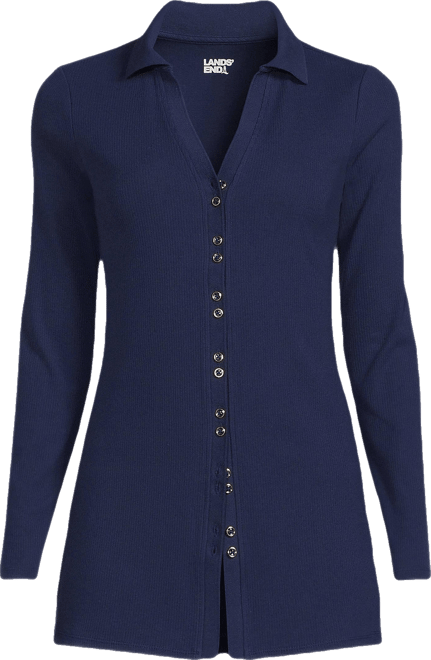 Women's Long Sleeve Polished Rib Button Through Tunic Shirt