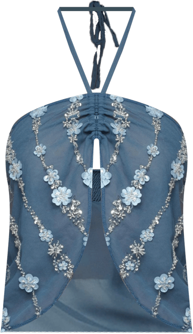 Women's Beaded Floral Split Front Halter Top