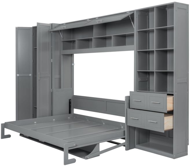 Queen Size Murphy Bed Wall Bed with Closet Drawers and Shelves