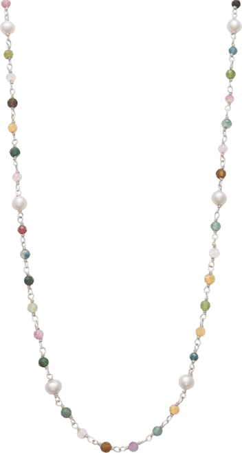 Cultured Freshwater Pearl (4-5mm) & Multicolor Tourmaline 24" Statement Necklace in Sterling Silver