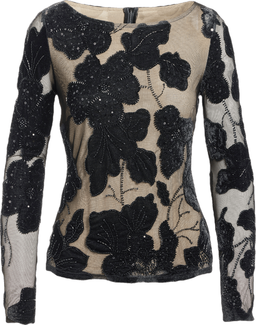 Flower Applique Mesh Long Sleeve Knit Top - Proper Black | Boston