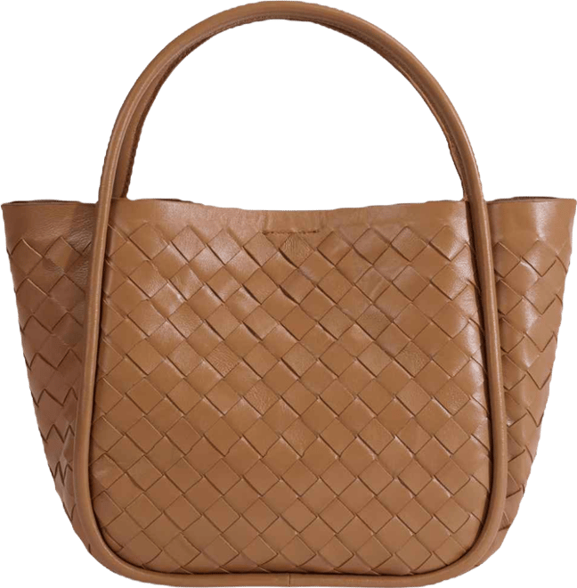 Women's Tan Woven Leather Top Handle Bag