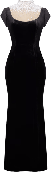 Women Rachael Black Velvet Pearl Embellished Gown