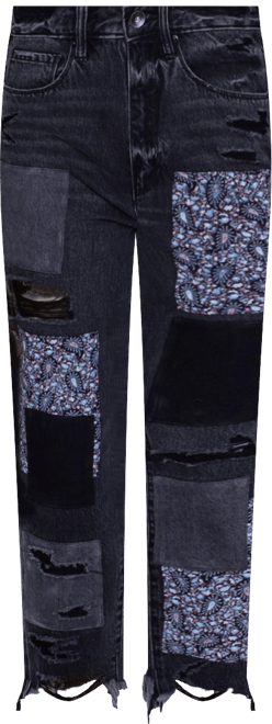 Women's Black Stone Paisley Patchwork High-Rise Straight Leg Jeans, 100% Cotton