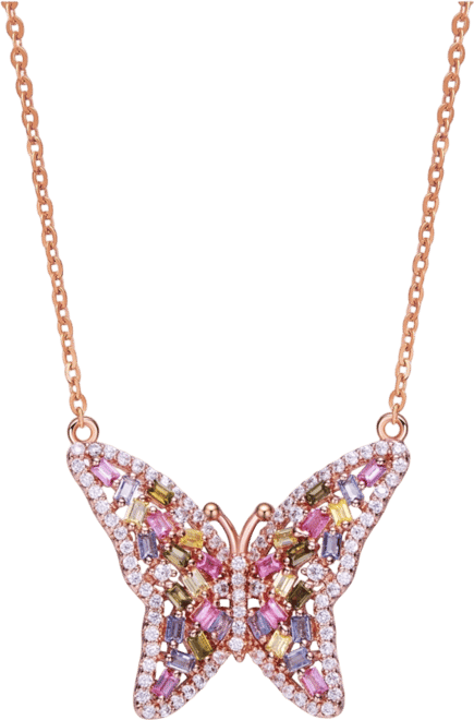 Long Lasting Sterling Silver 18K Rose Plated Multi Color Cubic Zirconia Butterfly Necklace