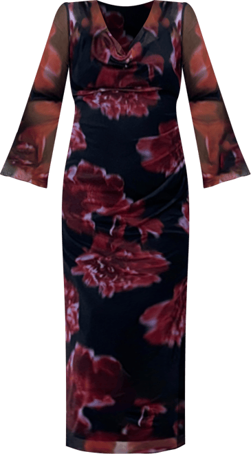 Women's Cowl Neck Mesh Flare Sleeve Maxi Dress