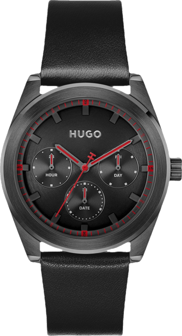 Men's Bright Sport Quartz Multifunction Black Calfskin Watch, 42mm