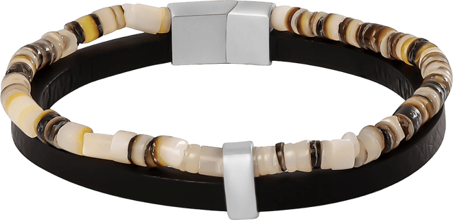 Mens Layered Bracelet with Wood Beads and Leather Strap