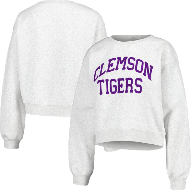 Women's  Oatmeal Clemson Tigers Core Chenille Cropped Pullover Sweatshirt