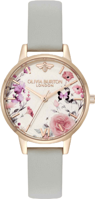 Women's Illustrated Floral Earl Gray Calfskin Leather Strap Watch, 30mm