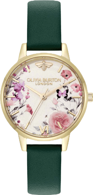 Women's Illustrated Floral Green Calfskin Leather Strap Watch, 30mm