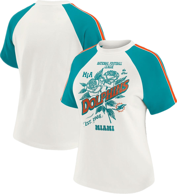 Women's White Miami Dolphins Sleeve Stripe Distressed Raglan T-Shirt