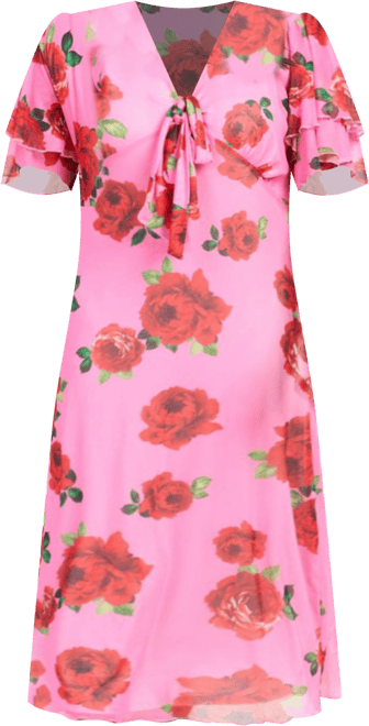 Women's Flutter Sleeve Tie Front Midi Dress