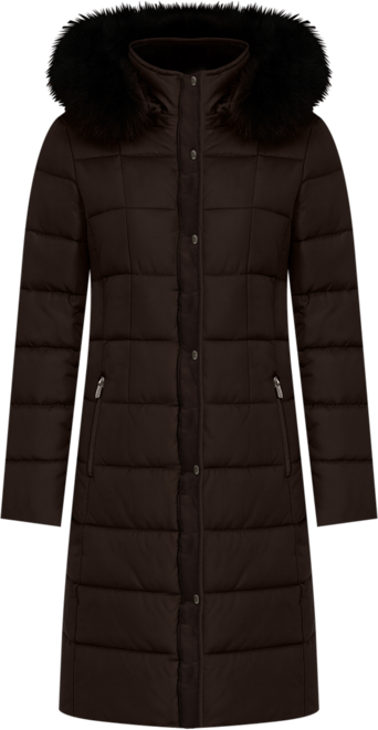 Womens Velvet Bibbed Faux-Fur Hooded Puffer Coat