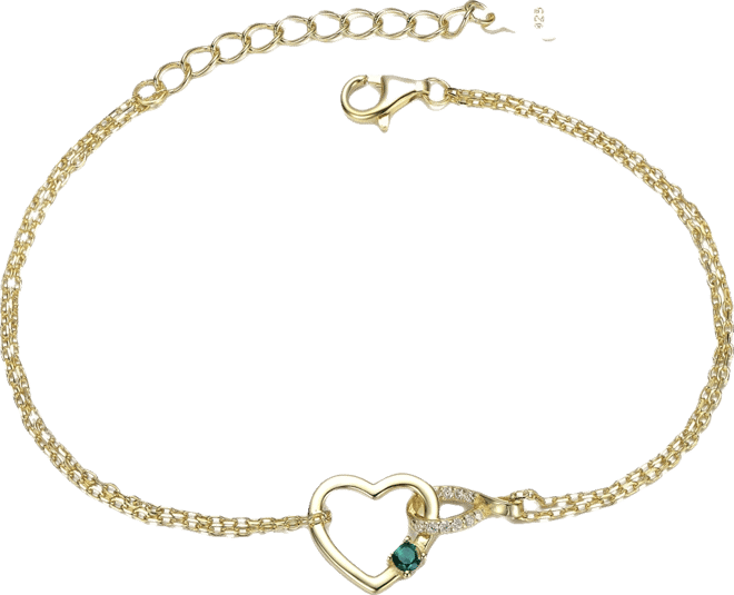 14K Gold Plated with Green Cubic Zirconia Heart Charm Bracelet