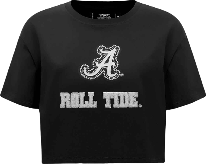 Women's Black Alabama Crimson Tide Rhinestone Cultivated Pearl Boxy Cropped T-Shirt