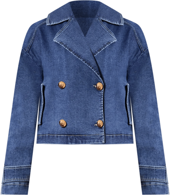 Women's Cropped Denim Double-Breasted Trench Jacket
