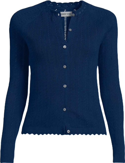 Women's Cotton Pointelle Satin Trim Cardigan Sweater