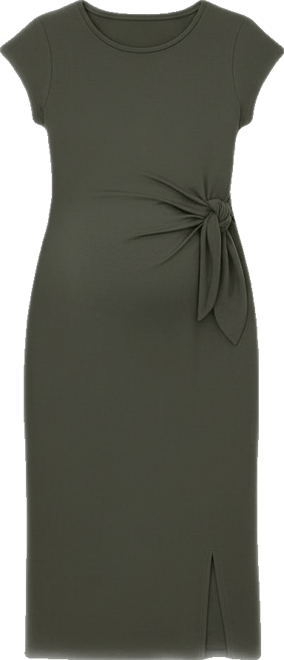 Maternity Crew Neck Short Sleeve Side Tie Midi Dress