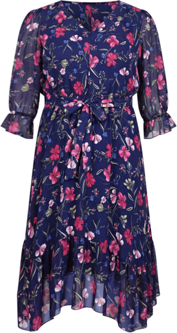 Plus Size 3/4 Sleeve V-Neck Flounced Dress