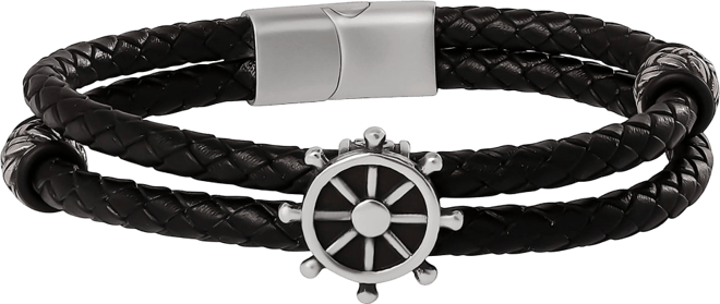 Mens Nautical Wheel Black Braided Leather Bracelet