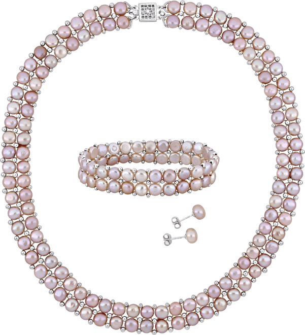 3-Pc. Set Pink Cultured Freshwater Pearl (6-8mm) Beaded Double-Row Strand Necklace, Stretch Bracelet & Stud Earrings in Sterling Silver