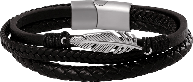 Mens Triple Row Black Leather Bracelet with Silver Accents